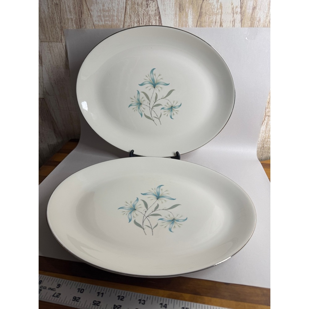 Homer Laughlin Triumph Cynthia 13" Serving Platters Blue Floral Set of 2 USA